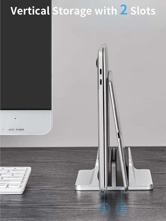 JARLINK Vertical Laptop Stand Holder, Aluminum Double Desktop Stand Holder with Adjustable Dock (Up to 17.3 inch), Compatible with MacBook, Surface, Chromebook, and Gaming Laptops, Silver