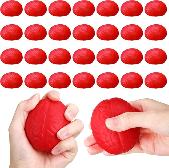 Jenaai 30 Pcs Brain Stress Ball Halloween Squeeze Toy 2.76 Inch PU Hand Muscle Exercise Pressure Ball Funny Stress Relief Toy for Teens Adults Improving Grip Strength Release Pressure(Red)