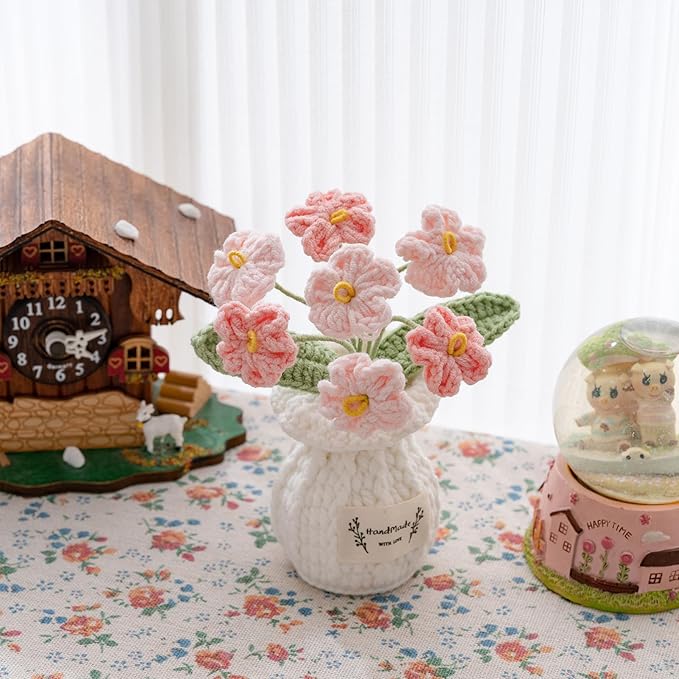 Handmade Crochet Flowers, 5 Inches Small Potted Plants, Knitted Desk Decorations for Home Office Decor (Forget-Me-Not)