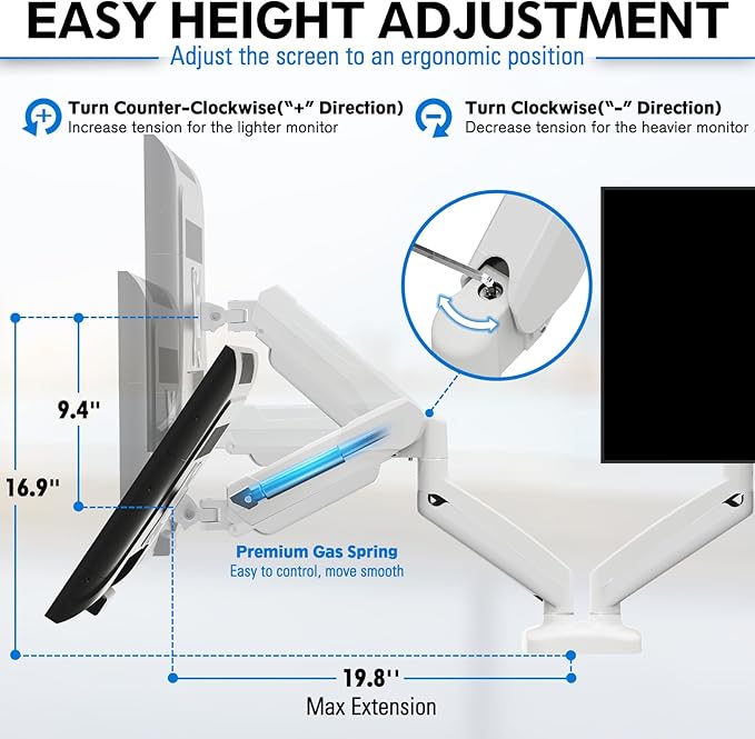 MOUNTUP Dual Monitor Stand for Desk, Pneumatic Monitor Arms for 2 Monitors Max 32 Inches, Height Adjustable Double Monitor Mount, VESA Mounts with C-Clamp & Grommet Base, Holds 4.4-17.6lbs, White