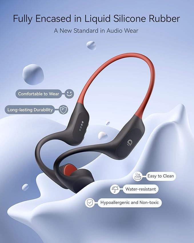 Open Ear Sport Headphones, Soft Silicone Wireless Bone Conduction Earphones, Powerful Bass, 10H Lasting, Multipoint Capable, Quick Charge, Built-in 32GB MP3
