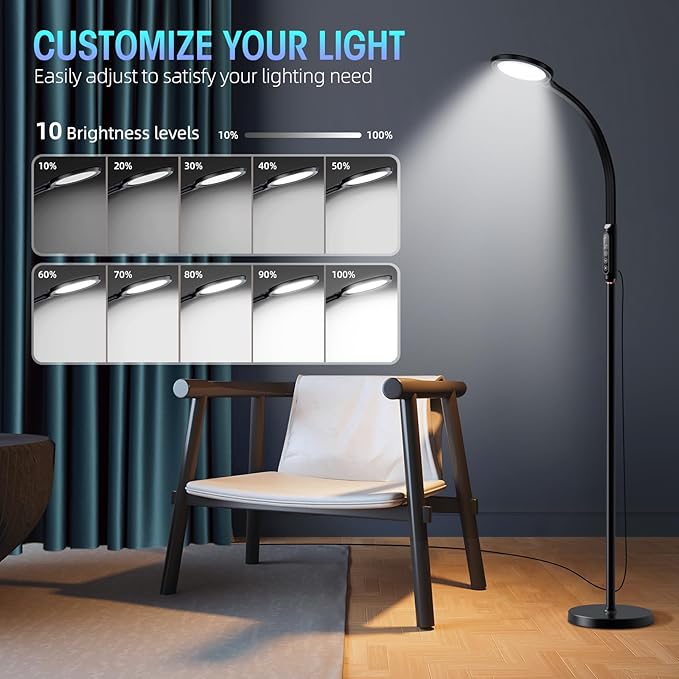 Happy Light Therapy lamp 11000 Lux,LED UV-Free Sunlight lamp,Full Spectrum Happy Therapy lamp with 10 Adjustable Brightness Levels,2 in 1 Retractable Floor Sad Lamp (Black)