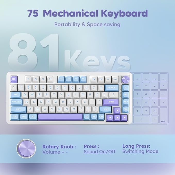 Redragon K681 Wireless Mechanical Keyboard, Gasket Mounted RGB Gaming Keyboard with Volume Knob, MDA-Profile, Pre-Lubed Linear Switches, 81 Keys 75％ Tri-Mode Hot Swappable for PC/Xbox/Ps (Periwinkle)