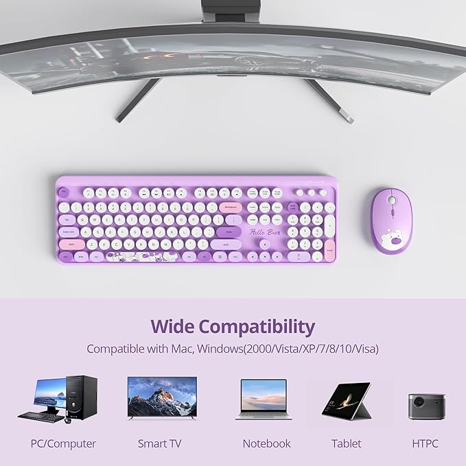 GTSP Typewriter Purple Keyboard and Mouse Wireless, Cute Keyboard 2.4G Office Full-Size Retro with Round Keycaps for Laptop PC Desktops（Purple）