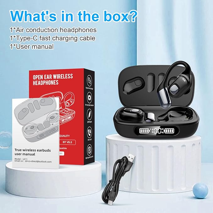 Open Ear Earbuds, Bluetooth 5.3 Wireless Air Conduction Headphones with Mic, LED Display Charging Case&Fast Charging, Ultra-Light Weight, 80H Playtime Earbuds for Work, Sports (Black)