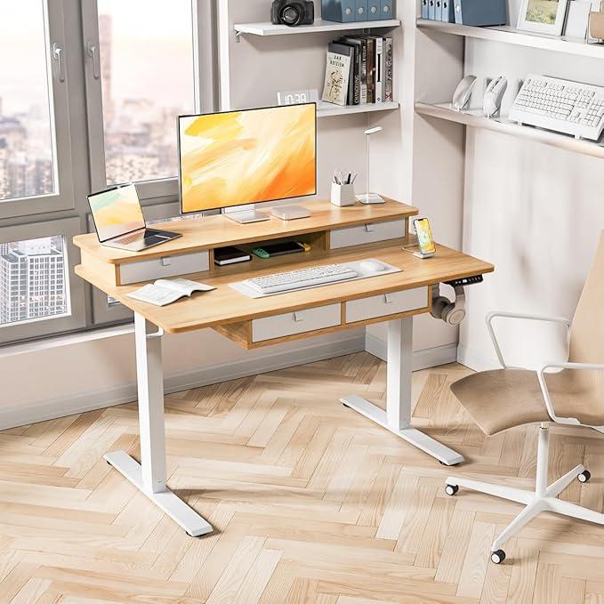Standing Desk with Fast Charging USB Ports, 48" x 30" Height Adjustable Home Office & Gaming Desk, Sit Stand Desk with Built-in Storage Shelf, Hook & Ergonomic Design(Maple)