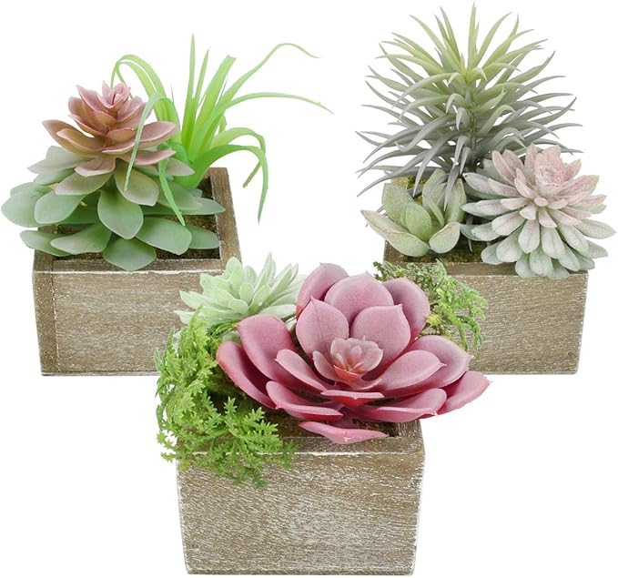 Mingfuxin Succulent Plants Artificial, Small Fake Plants in Pots, Mini Artificial Plants Indoor with Wood Potted for Bathroom Home Office Living Room Table Desk Shelf Decor, Set of 3
