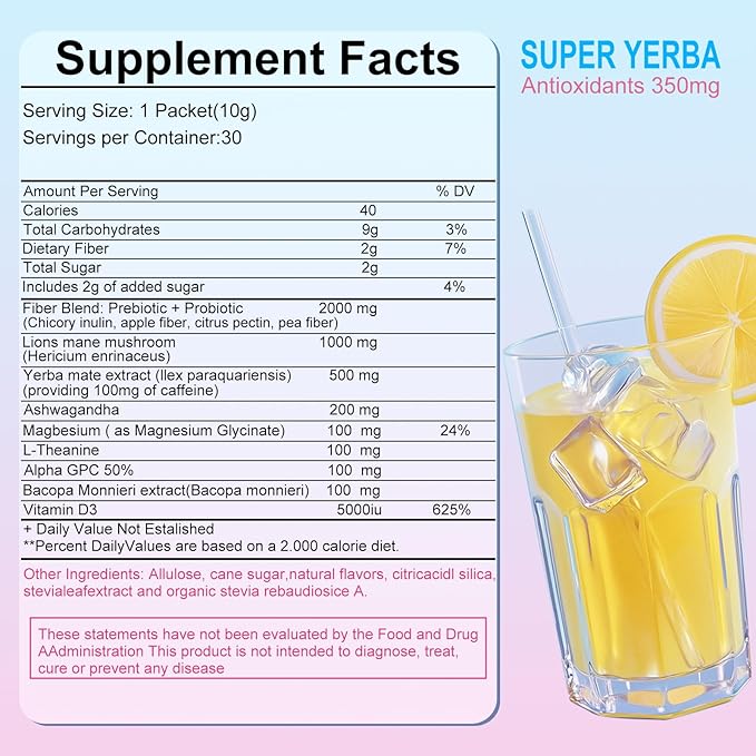 Super Yerba Mate Instant Powder - Raspberry Lemonade Flavor | Mental Clarity & Digestive Support with Antioxidants - 30 Servings