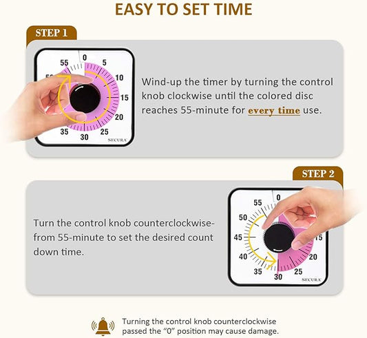 Secura 60-Minute Visual Countdown Timer, 7.5-Inch Oversize Classroom Visual Timer for Kids and Adults, Durable Mechanical Kitchen Timer Clock with Magnetic Backing (Peony Color)