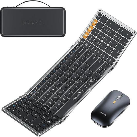 ProtoArc Foldable Keyboard and Mouse, XKM01 True Full-Size Folding Wireless Keyboard Mouse Combo for Business Travel, a Portable Office Suite On-the-Go, Compatible with Laptop iPad Tablet - Black Gray