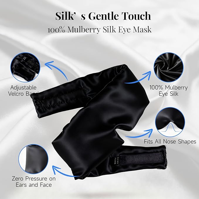 Mulberry Silk Sleep Mask for Men & Women - 100% Light Blocking Blackout Eye Mask for Side Sleepers, Adjustable Fit for All Heads, Soft Zero Pressure Comfort, Unisex Travel Eye Cover(Black)