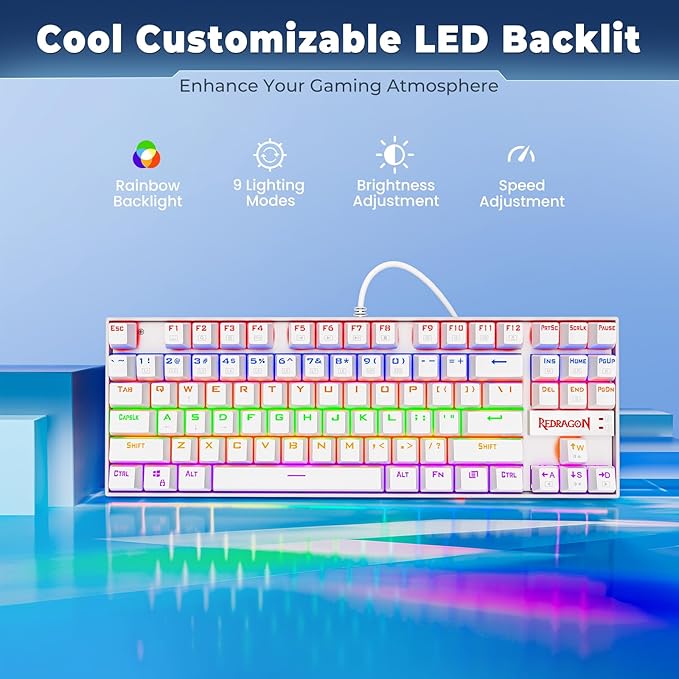 Redragon K552 Mechanical Gaming Keyboard, 87-Key Compact, LED Gaming Keyboard with Red Switches, Anti-Ghosting, Metal Frame for PC Gaming & Typing, Beginner-Friendly (White)