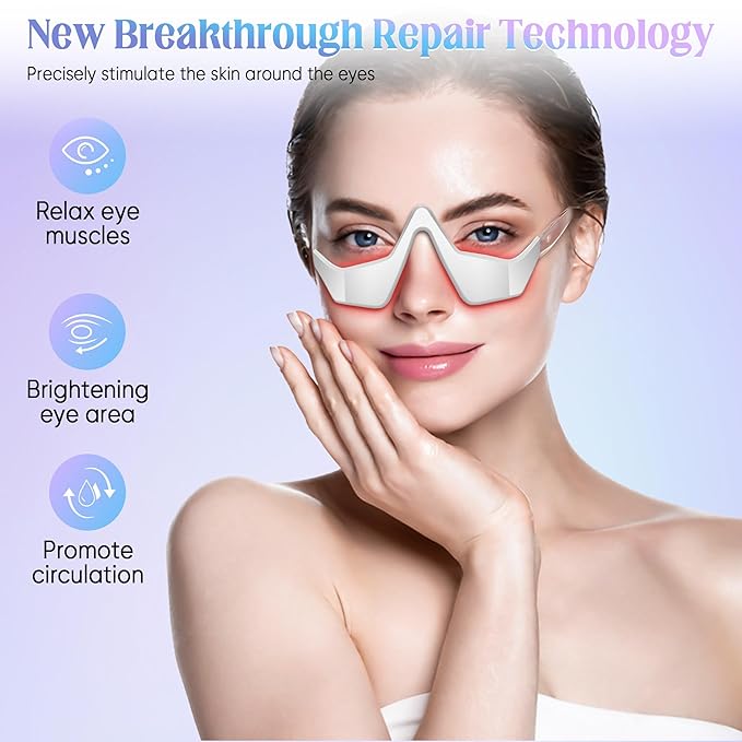 Under-Eye Light Therapy Device, Beauty Device with Eye Massage for Relieve Eye Bags, Eye Fatigue, Dark Circles, with Gel and Glasses Strap (White)