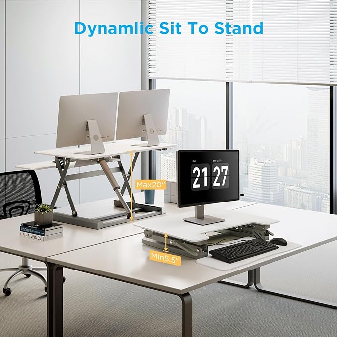 29" Electric Standing Desk Converter, Dyropcurv Series Height Adjustable Computer Desk Ergonomic Home Office Desk for Adults, Sit to Stand Desk with Quiet Motor, White
