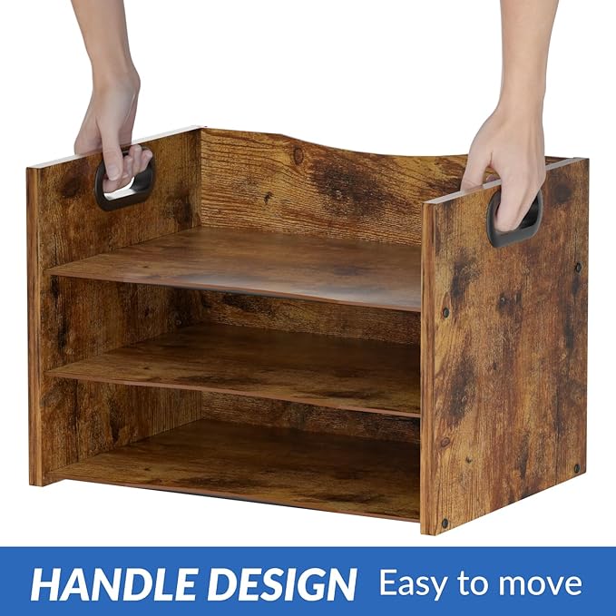 3-Tier Wood Paper Organizer, File Holder for Desk With Handle - Wooden Paper Letter Tray, Desk Organizer and Accessories, File Cabinet for Home Office, School