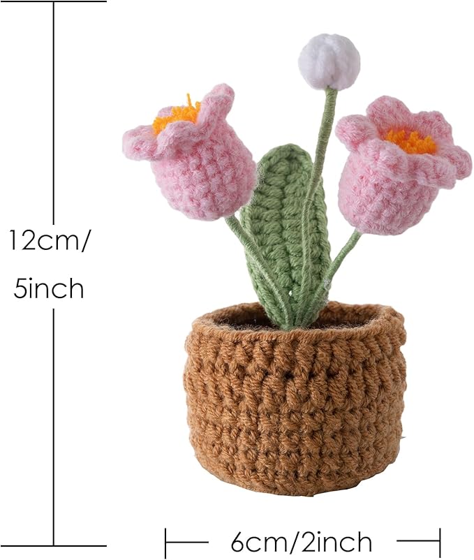 Handmade Crochet Flowers, Small Potted Plants, Knitted Canterbury Bells Desk Decorations for Home Office Decor (Two Heads)