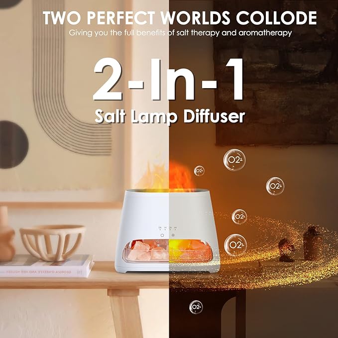 SALKING 2-in-1 Himalayan Salt Lamp & Ultrasonic Essential Oil Diffuser, Aromatherapy Diffuser Cool Mist Humidifier, Original Salt Therapy Lamp, 100% Pure Himalayan Salt, Ambient Glow, 150ml (White)