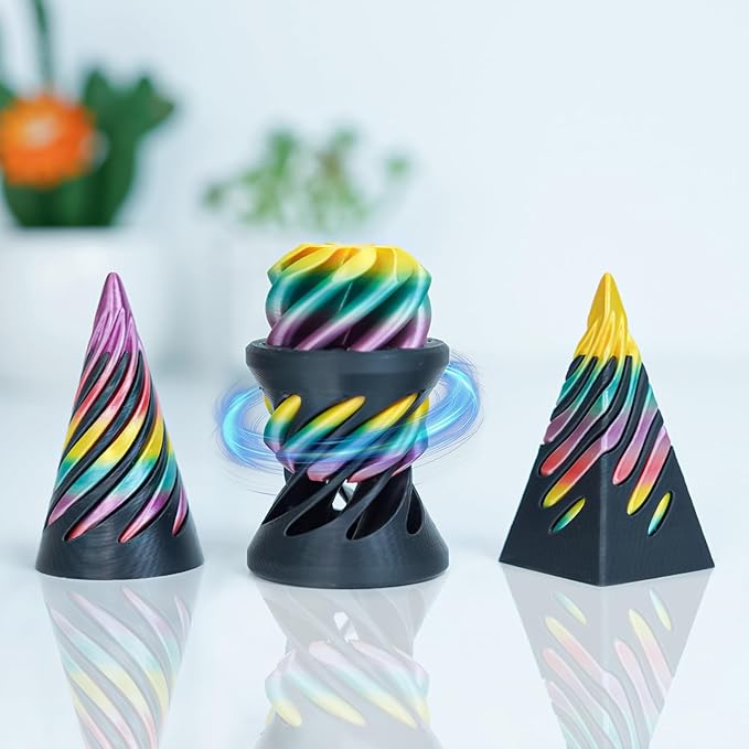 3 Packs Impossible Spiral Cone Fidget Toys,3D Printed Pyramid Passthrough Sculpture,Mini Sensory Toy for Stress Relief Anxiety,Desktop Decor Gifts for Adults & Kids (Rainbow Black)