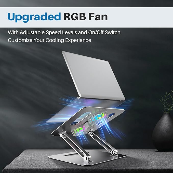 Adjustable Laptop Cooling Stand with 2 Quiet Fans & RGB Lighting, Aluminum Alloy & Foldable Ergonomic Design for MacBook, Lenovo, ASUS, Dell 10-16 Inch, Perfect for Gaming, DJ, Office - Gray