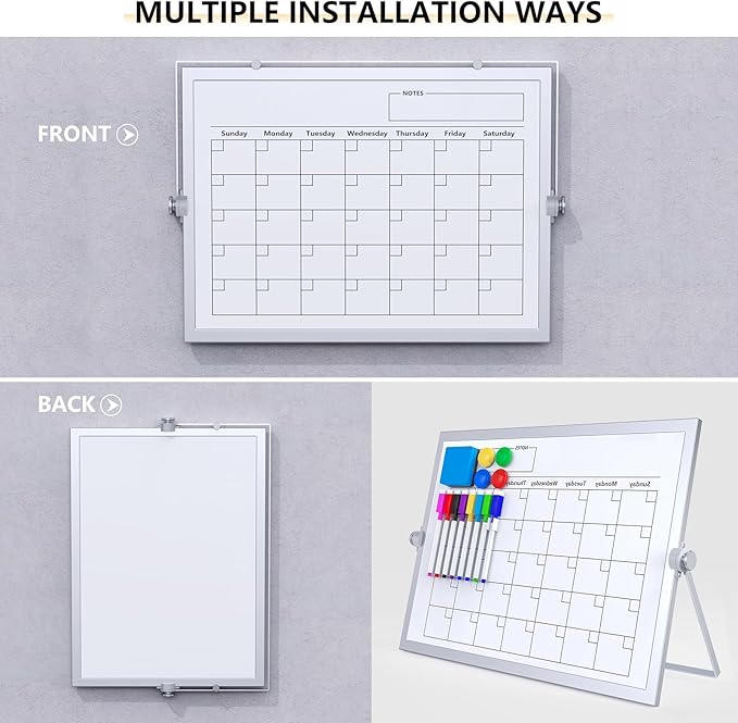 Dry Erase White Board, 16X12IN Magnetic Desktop Whiteboard Calendar with Stand, 8 Markers, 4 Magnets, 1 Eraser, Portable Double-Sided White Board Easel for Kids Memo to Do List Desk
