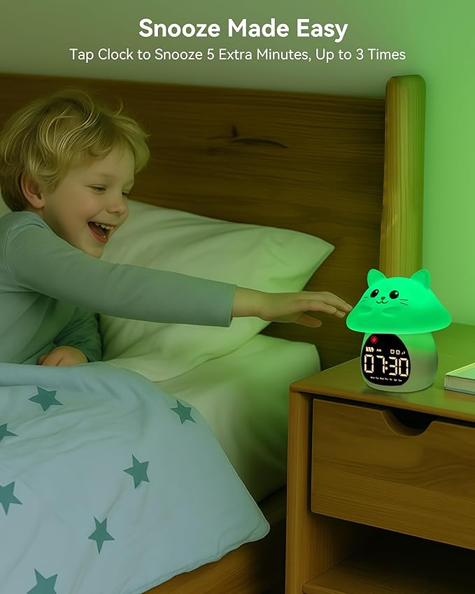 Yiliaw Sleep Training Alarm Clock with Night Light for Kids - Ok to Wake Clock with Dual Alarms, Night Light & RGB Colors, 6 Alarm Tones & White Noise, Rechargeable Clock for Boys & Girls, Cat