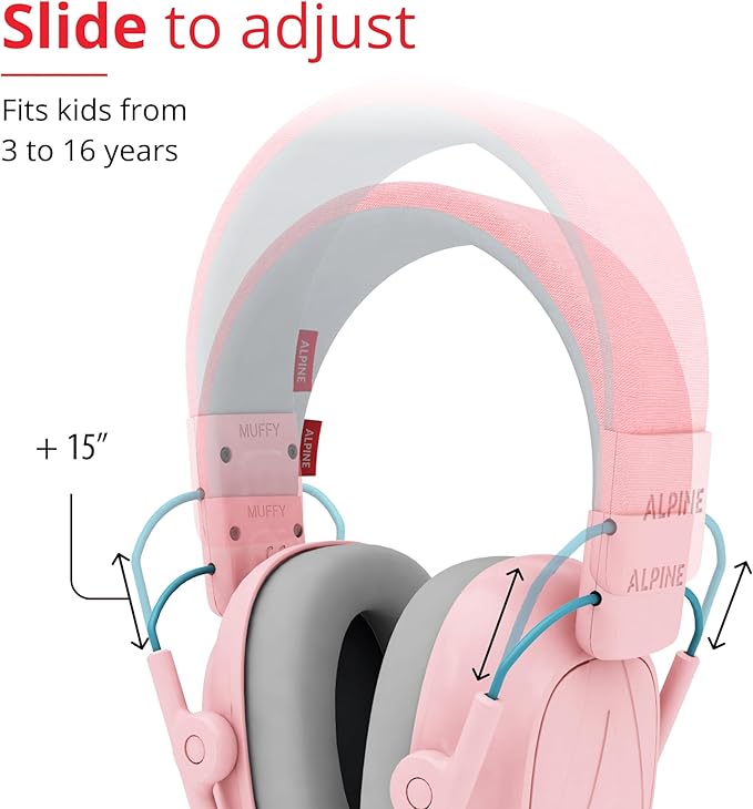 Alpine Muffy Kids - Hearing Protection - CE & ANSI Certified - Adjustable for Ages 3-16 years - Noise Cancelling Headphones - 25dB Sound Reduction Ideal for Protection and Concentration Aid - Pink