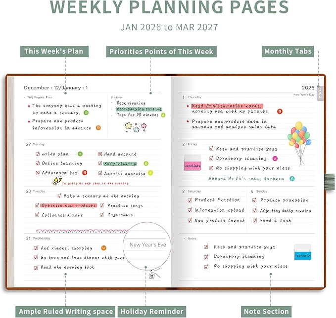 AHGXG 2026 Planner, Weekly and Monthly Planner 2026-2027, Large A4 8.5"x11", Calendar 15-Months Jan 2026 - Mar 2027, Vegan Leather SoftCover, Inner Pocket, Sage Green