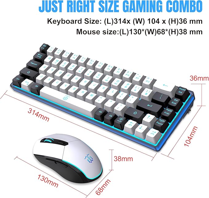 Snpurdiri 60% Wireless Gaming Keyboard and Mouse Combo,Ice Blue Backlit Rechargeable 2000mAh Battery,Mini Mechanical Feel Anti-ghosting Keyboard + Popular RGB Mice for Gaming, Office(White-Black)