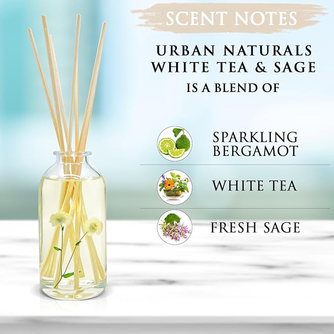 Urban Naturals White Tea & Sage Reed Diffuser Set | Made with Essential Oils & Real Botanicals | Sparkling Bergamot, White Tea & Fresh Sage | Made in The USA