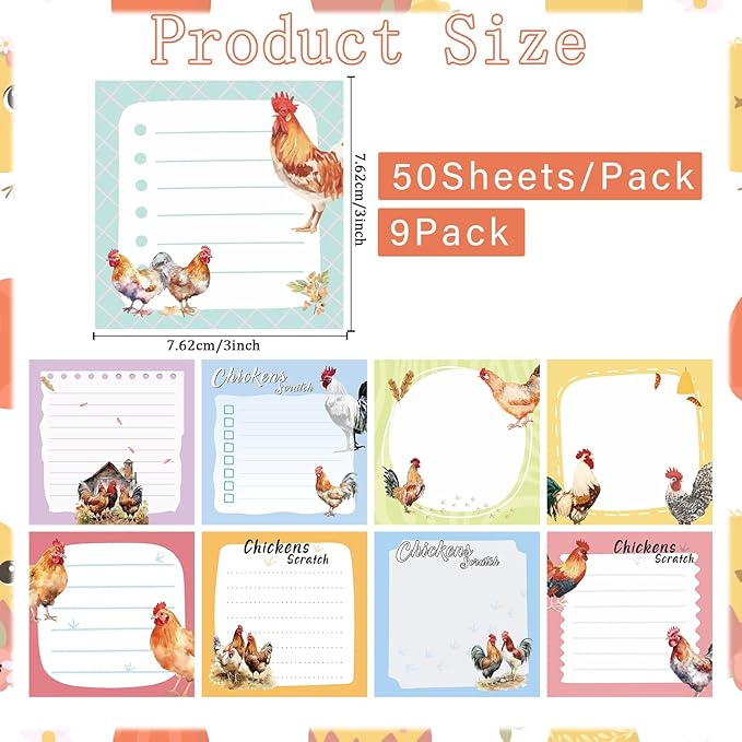 Chicken Sticky Notes Gifts - 9Pack Cute Sticky Notes 3x3 Roosters Chicken Gifts for Women Chicken Scratch Funny Post Notes Animals Self-Stick Notes Pads Office School Supplies 450 Sheets