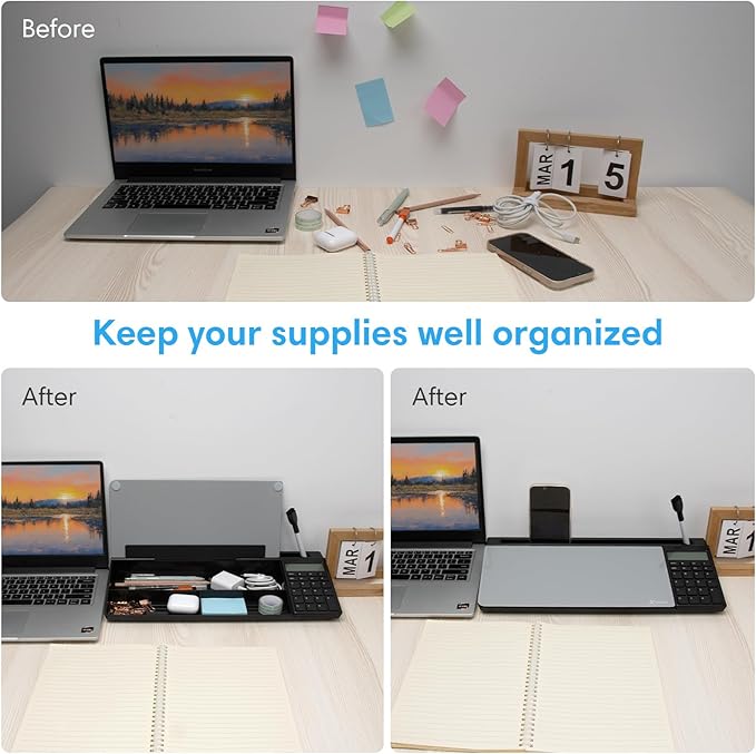 Varhomax Glass Desk Whiteboard with Calculator, Desktop Dry Erase White Board with Storage, to Do List Memo Notepad for Home and Office