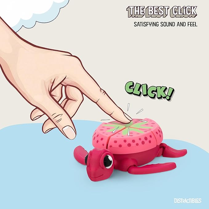 Distractible Turtle Fidget Toy, Articulating Design with Shell Clickers, Pocket-Sized & Durable, Stress Relief, ADHD, Autism & Stim (RED-Strawberry)