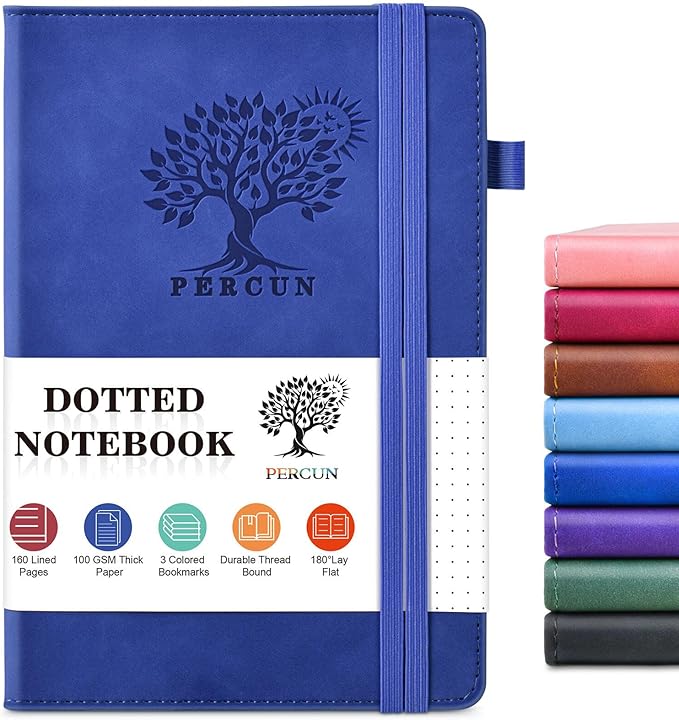 PERCUN Dotted Journal Notebook for Men & Women, 160 Pages Dot Grid notebook for Note Taking, Bullet Journaling Notebook for Work, School, Travel, Writing, A5 Hardcover 5.9" x 8.5"(Navy)