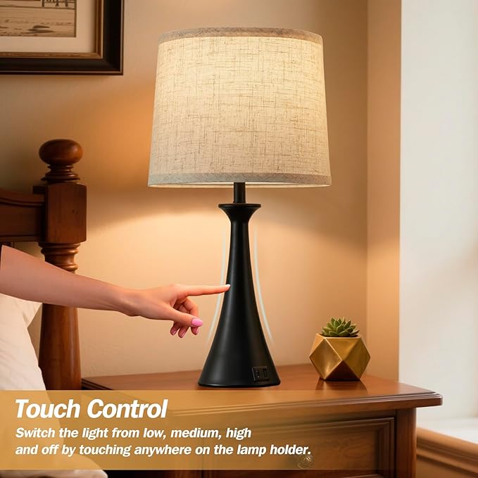 Touch Table Lamp for Living Room Bedroom, 21" Table Lamps Set of 2 with USB C+A Ports, Touch Bedside Lamps for Nightstand with 3 Way Dimmable, 2 LED Bulbs Included, Black
