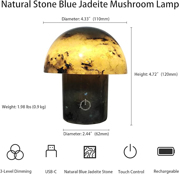 Handcrafted Onyx Mushroom Lamp - 4.3" x 4.7" Natural Marble Stone Night Light with 3-Level Brightness, Rechargeable Touch LED Accent Light for Bedroom, Office, Gift