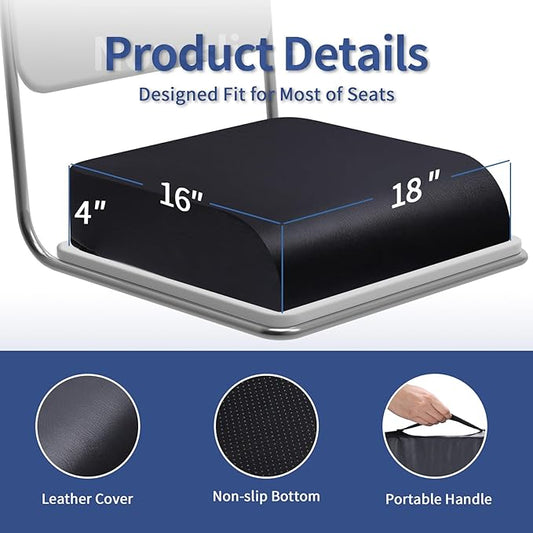 YOUFI Large Seat Cushion, 4 Inch Thick Memory Foam PU Leather Cushion for Sciatica, Hip, Low Back Pain Relief, Supportive Butt Pillow for Office Chair, Wheelchair