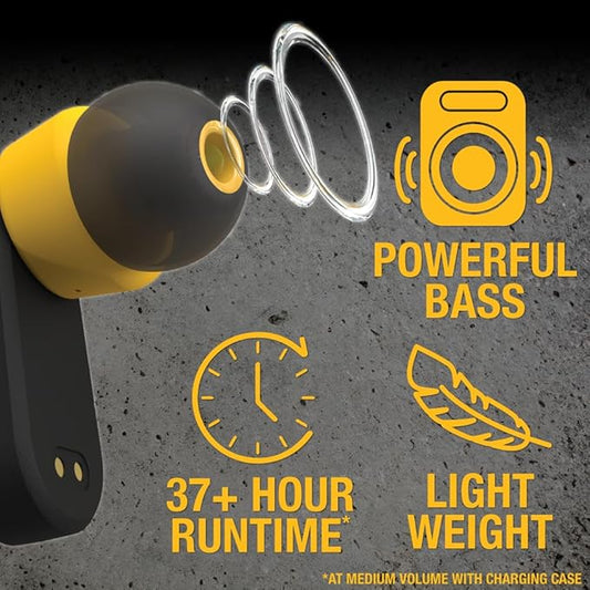 DEWALT Heavy Duty True Wireless Ear Buds, Bluetooth Headphones with Type C Charging Case Included, Over 37 Hours of Battery Life, Easy Setup for iPhone, Perfect for Jobsite, Outdoor Work, Yellow