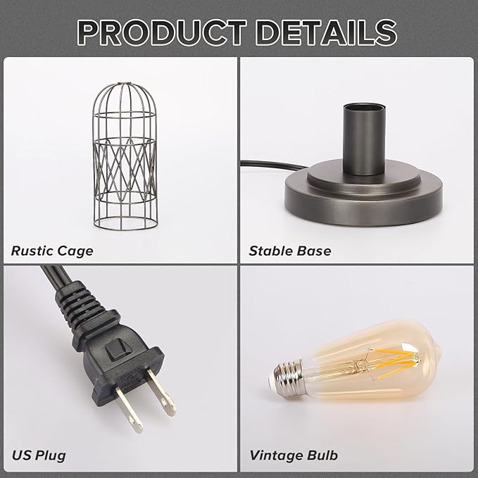 Small Industrial Lamp, Touch Control 3 Way Dimmable Table Lamp, Rustic Iron Steampunk Edison Lamp Vintage Nightstand Lamp Bedside Light for Bedroom Living Room, Corner, Hallway, LED Bulb Included