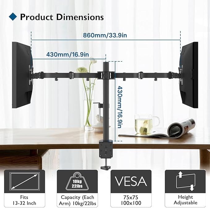 BONTEC Dual Monitor Desk Mount, Full Motion Adjustable Monitor Stand for 13–27 Inch Screens, Heavy Duty Arms Hold Up to 22 lbs Each, VESA 75x75/100x100 mm, C Clamp and Grommet Base, Cable Management