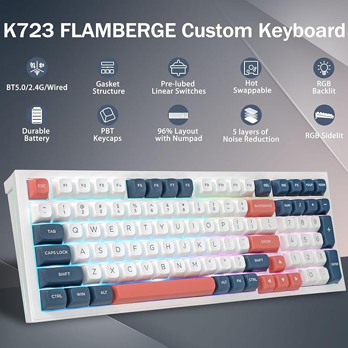 Redragon K723 Wireless Mechanical Gaming Keyboard, Hot Swappable Pre-lubed Linear Switches, Gasket Design, Bluetooth/2.4GHz/USB-C, Creamy Sound, RGB Backlit for PC/Mac/PS/Xbox, White Blue