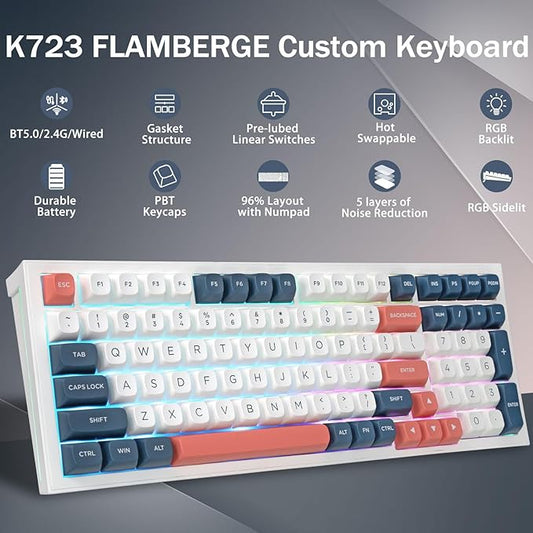 Redragon K723 Wireless Mechanical Gaming Keyboard, Hot Swappable Pre-lubed Linear Switches, Gasket Design, Bluetooth/2.4GHz/USB-C, Creamy Sound, RGB Backlit for PC/Mac/PS/Xbox, White Blue