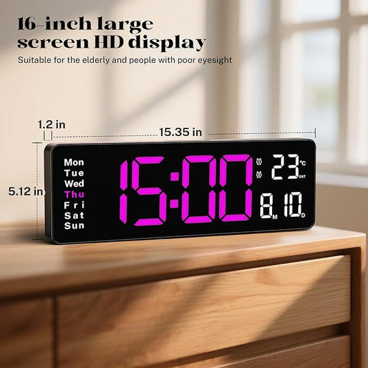 16" Large Digital Clock, Digital Wall Clocks with Remote Control, Led Wall Clock with Date, Week, Alarm, Temperature, Night Light for Living Room, Bedroom, Gym, Classroom, Office(Rose Red)