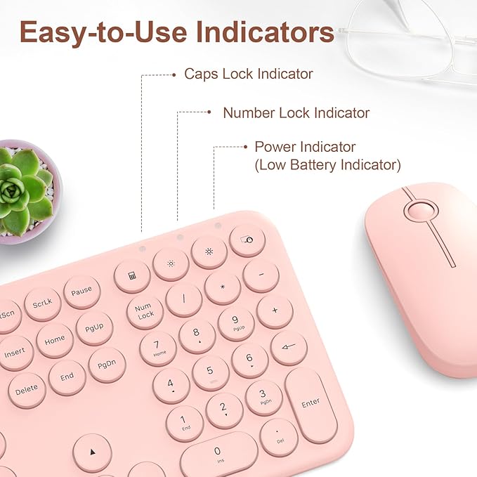 Cute Wireless Keyboard and Mouse Combo Slim 2.4GHz USB Cordless Full Size Silent Retro Keyboard and Mouse Set for PC Computer,Laptop,Windows,Mac,Tablets（Upgraded Peach）