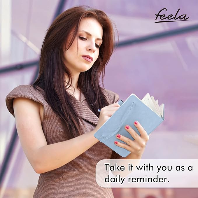 feela 5 Pack Notebooks Journals Bulk, Hardcover Notebook Classic Ruled Lined Journals with Pen Holder for Women Girls School Business Supplies, with 5 Black Pens, 120 GSM, 5.1”x8.3”, A5, Light Blue