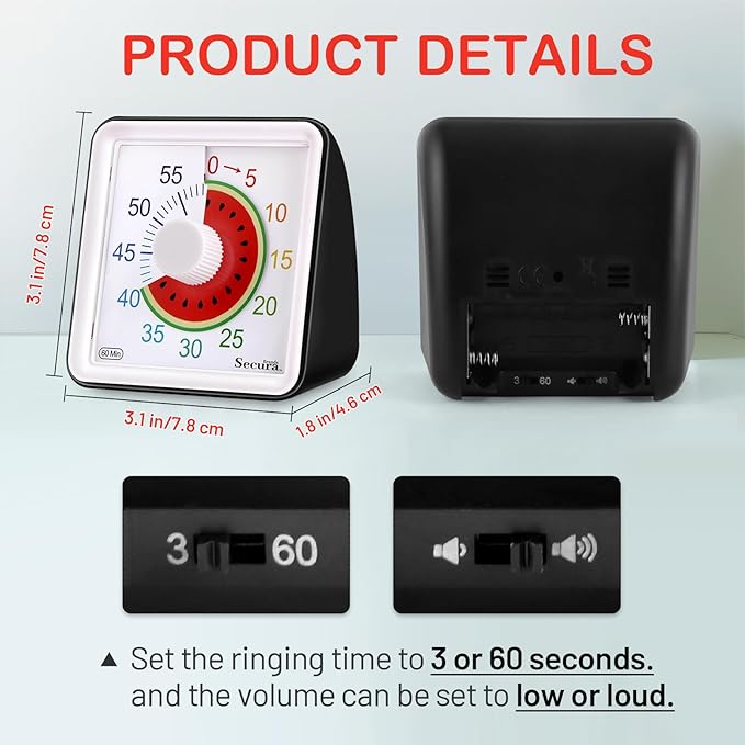 Secura 60-Minute Visual Countdown Timer for Kids & Adults, Classroom Time Management Tool (Black)