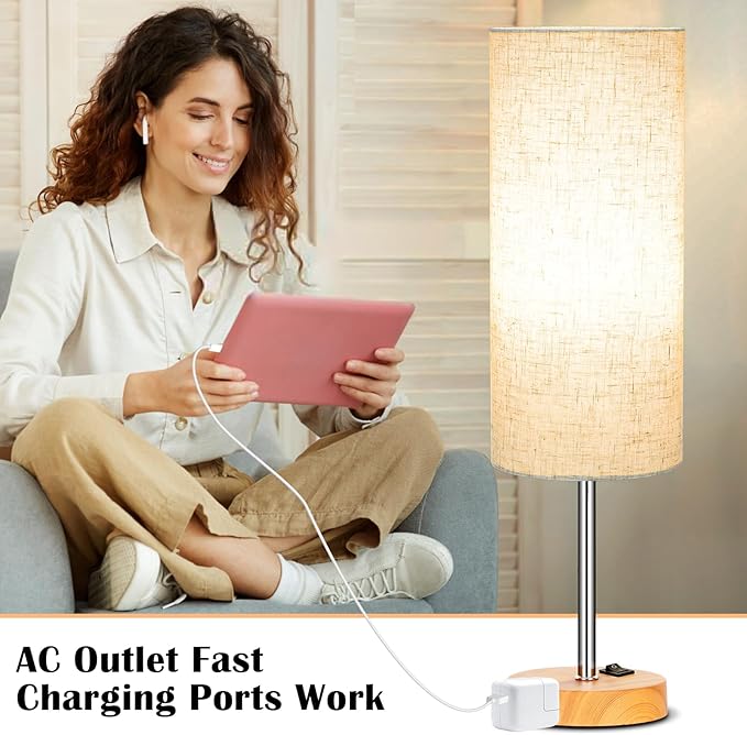 ZJOJO Table Lamp for Bedroom 2 Pack,18in Bedside Lamps with 3 Way Dimmable Rocker Switch & AC Outlet,Nightstand Desk Lamp with Flaxen Fabric Shade Woodgrain Base for Living Room Home Decor Lights