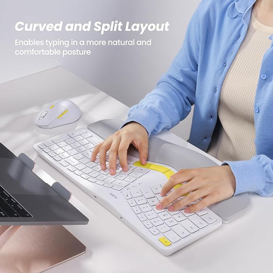 Nulea KM75 Advanced Ergonomic Wireless Keyboard and Mouse Combo, Comfortable Natural Typing, Palm Rest, Multi-Device (Bluetooth, 2.4G, Wired), Rechargeable, for Multi-OS, Windows, Mac, Android(Yellow)