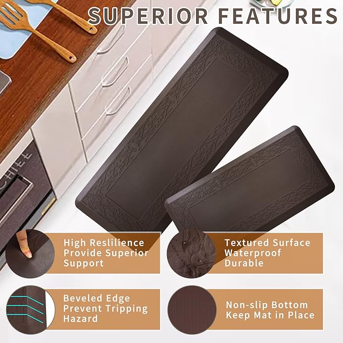 20 x 42 Inch Extra Support Anti Fatigue Comfort Kitchen Mat, Waterproof Long Kitchen Runner, Non-Slip Standing Desk Mat, Commercial Pads for Offices, Home, Garages (Versailles Brown, 20'' x 42'')