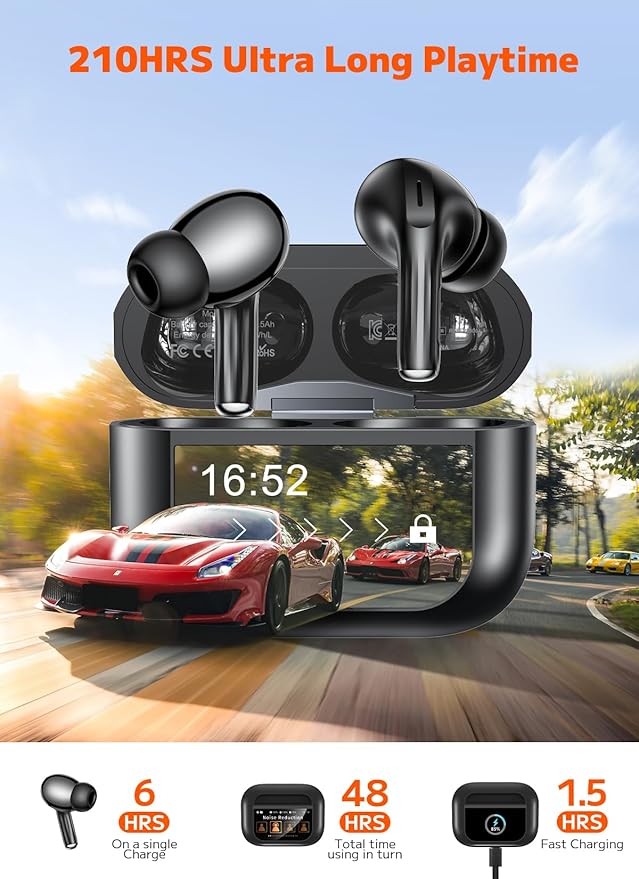 Wireless Earbuds, ANC/ENC Noise Cancelling Ear Buds with Smart Touchscreen Case, 48H Playtime for Sports & Working, Bass Stereo Sound, Bluetooth 5.4 Headphones for iPhone/Android