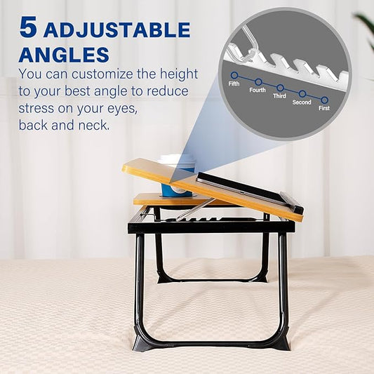 Laptop Desk for Bed Couch, Adjustable Foldable Bed Table with Cup Holder, Breakfast Serving Tray, Portable Laptop Lap Desk Stand for Working Reading Writing Eating Gaming (Bamboo Pattern)